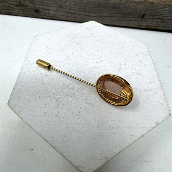 Gold Tone Stick Pin With Oval Rose Quartz Gemstone Scarab design - Picture 5 of 6